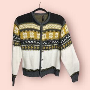 Vtg Fair Isle Snowflake Sweater Gray Yellow Cardigan Grandpa Winter Medium Ski